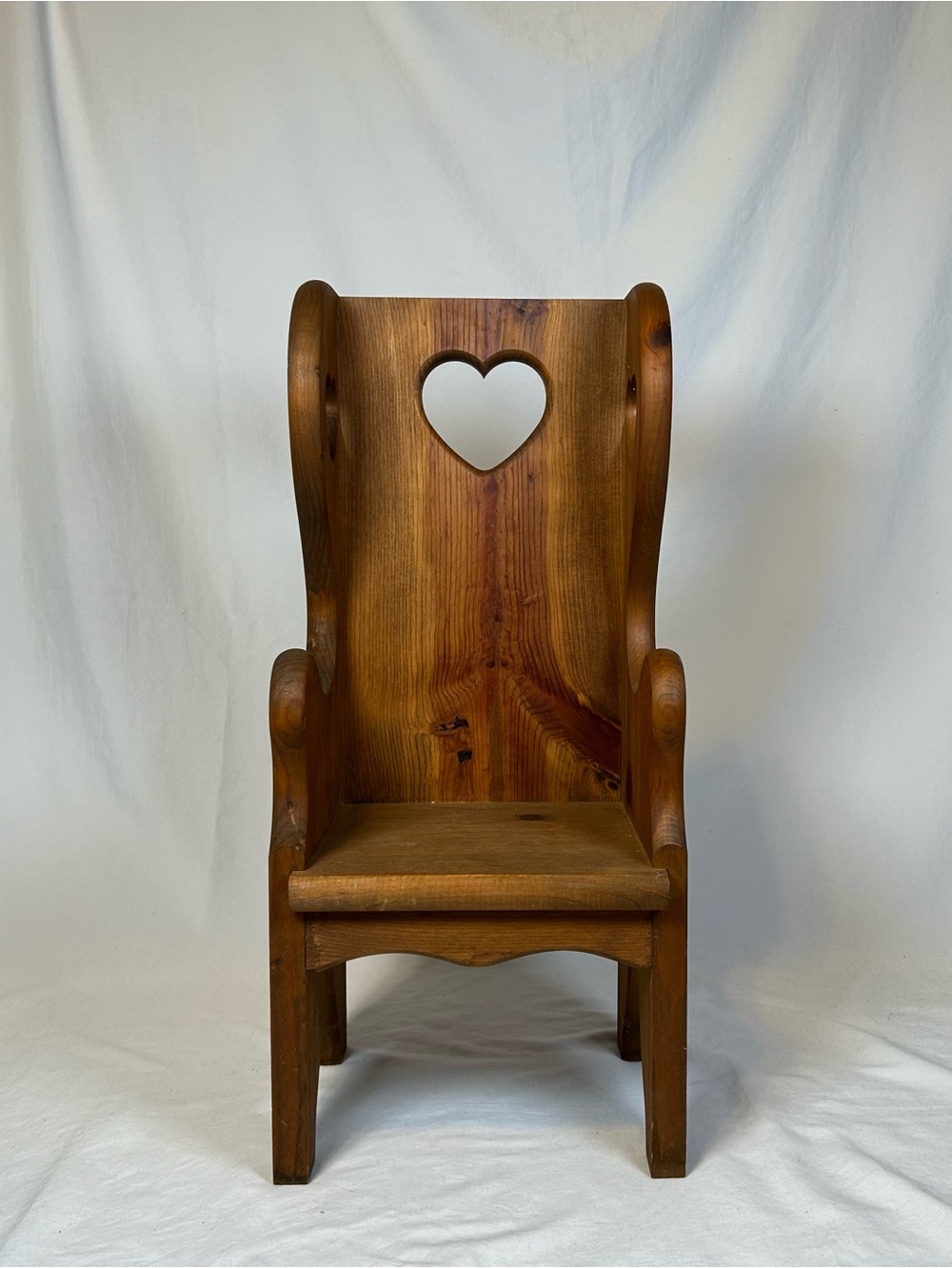 Vintage 80s Farmhouse Solid Wood Country Heart Cut Out Doll Chair